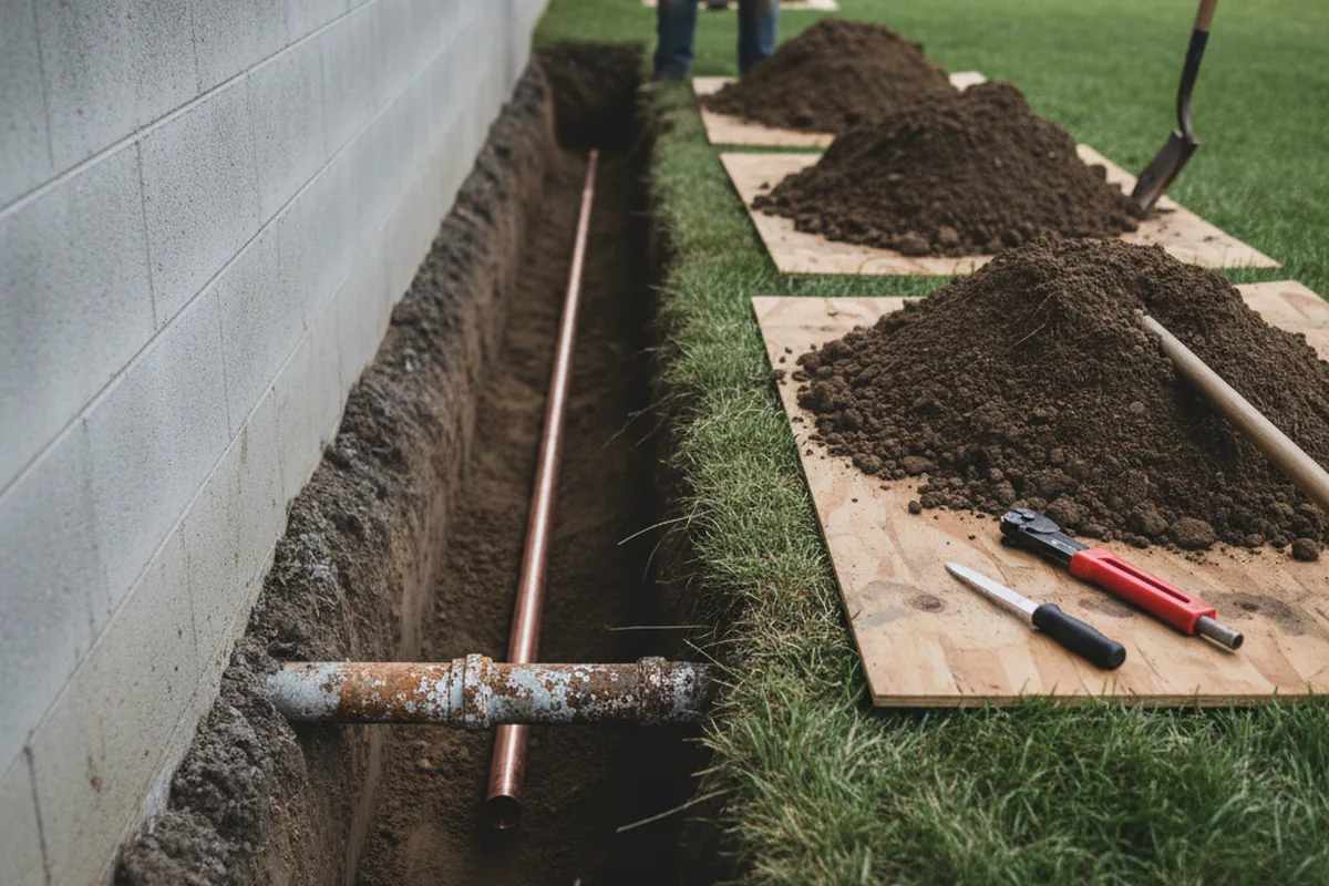 Excavated water line trench during Water Heater Repair in Miller